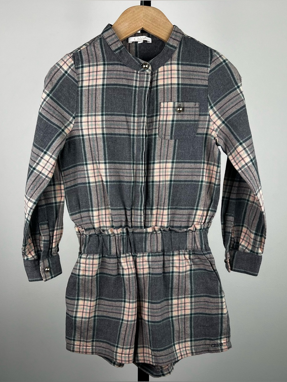 Chloe Kids Girls Plaid Check Long-Sleeve Playsuit/Romper, Gray, Size 8